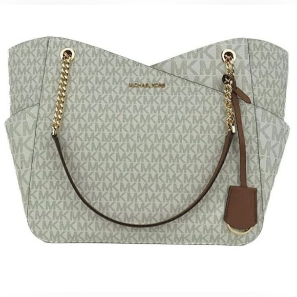 Michael Kors NWT Large Jet Set Travel Tote Handbag Signature Vanilla Gold Chain - Picture 1 of 12